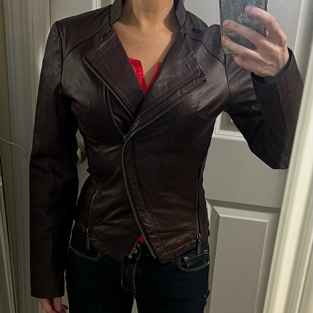 Sexy Brown Leather ASOS Racer Jacket w/ Side Zippers